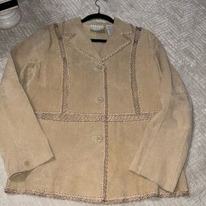Y2K 100% leather jacket white stag with crochets cut outs size large 12/14 tan
